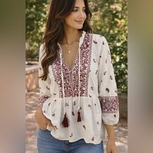 Zara White and Red Embroidered Blouse